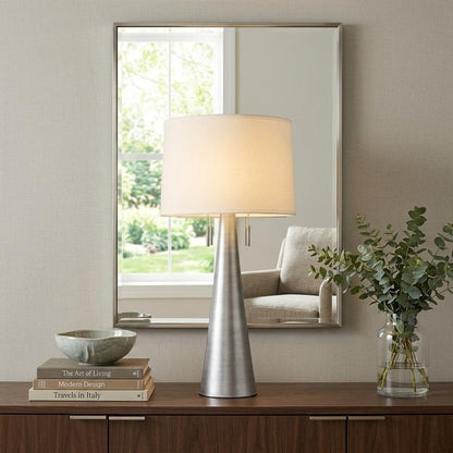 34" Silver Metal Two Light Table Lamp With White Empire Shade