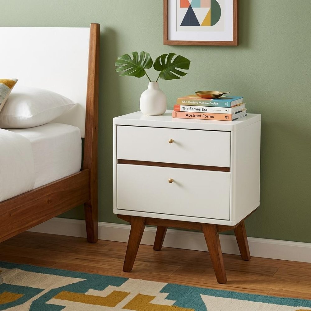 26" White Two Drawer Wood Nightstand