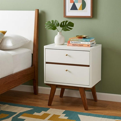 26" White Two Drawer Wood Nightstand