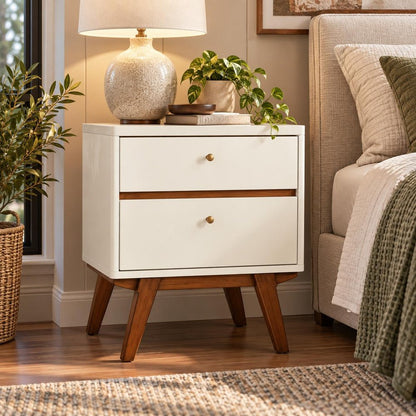 26" White Two Drawer Wood Nightstand