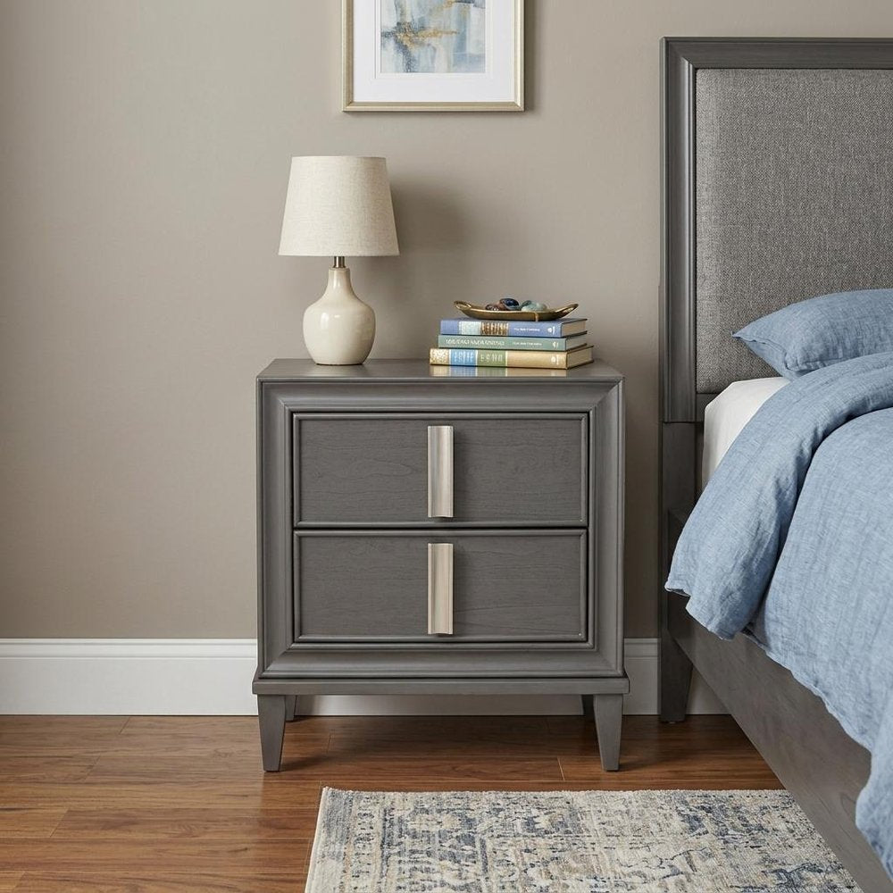 29" Dark Gray Solid Wood and Wood Two Drawer Nightstand