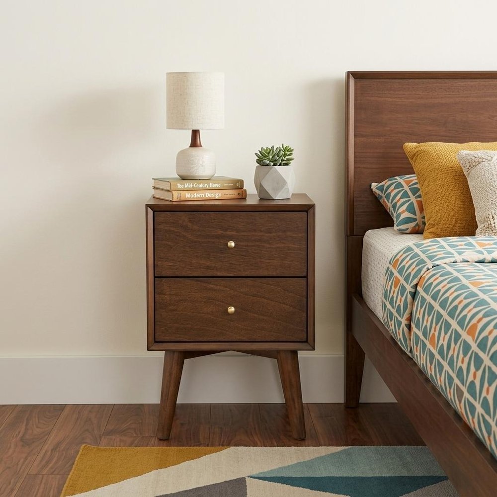 26" Brown Solid Wood and Wood Two Drawer Nightstand