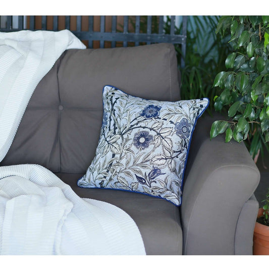 18" Ivory Blue And Gray Floral Fabric Throw Pillow