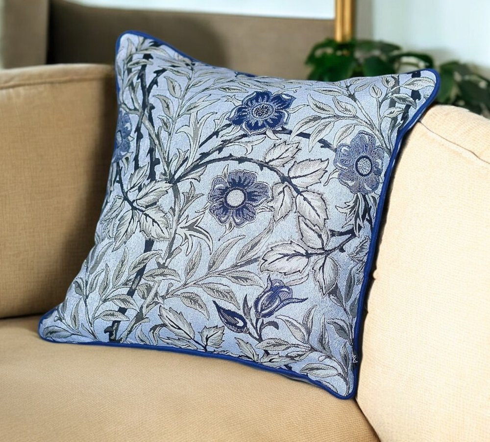 18" Ivory Blue And Gray Floral Fabric Throw Pillow