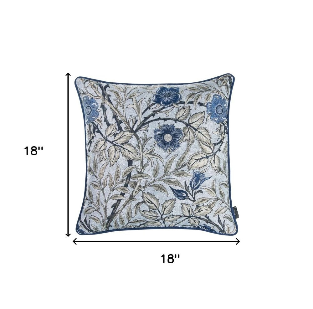 18" Ivory Blue And Gray Floral Fabric Throw Pillow