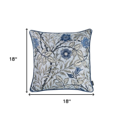 18" Ivory Blue And Gray Floral Fabric Throw Pillow