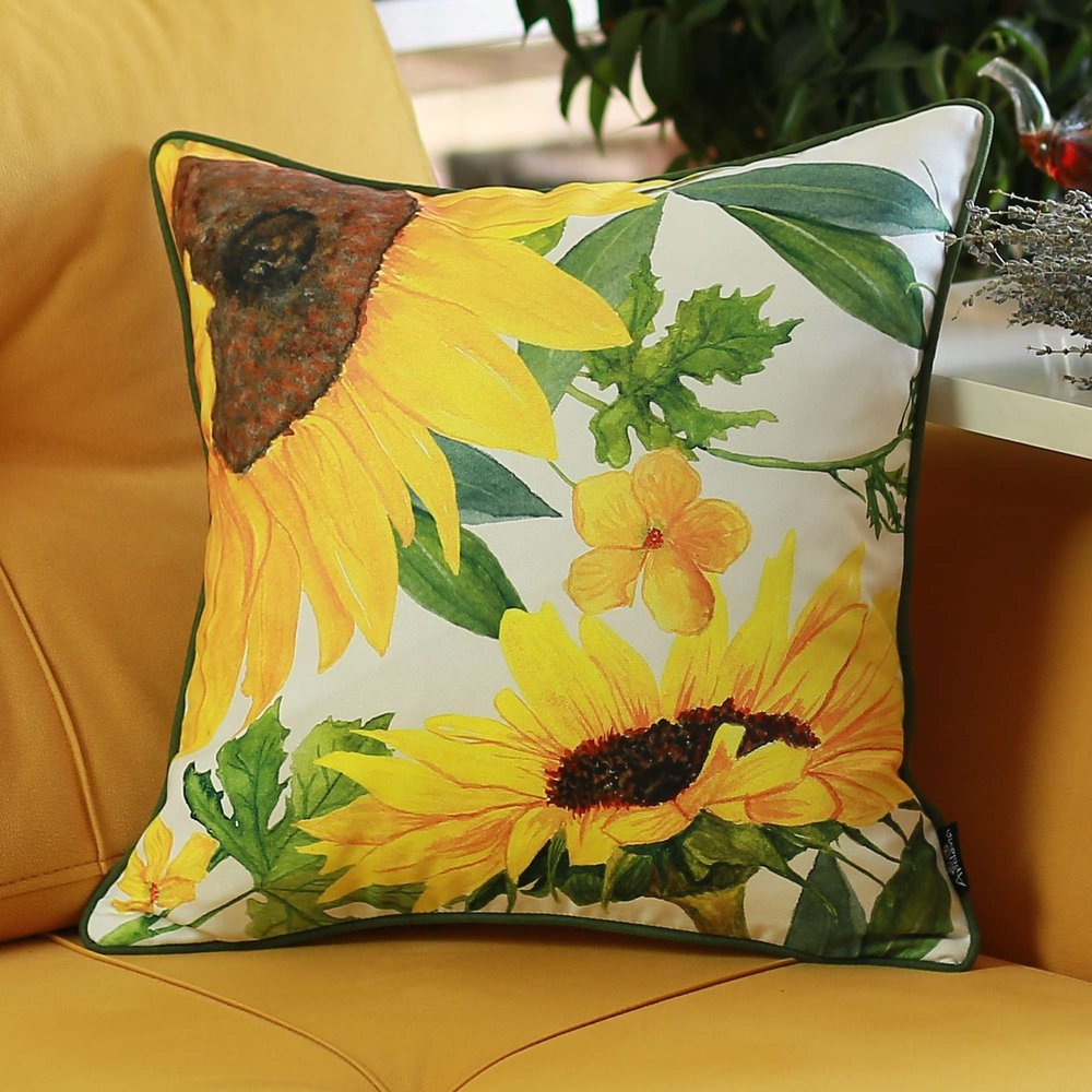 18" White Yellow And Green Sunflower Floral Throw Pillow