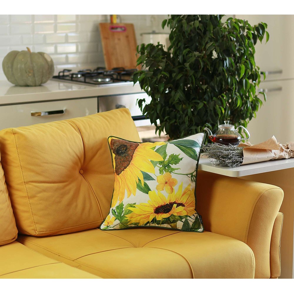 18" White Yellow And Green Sunflower Floral Throw Pillow