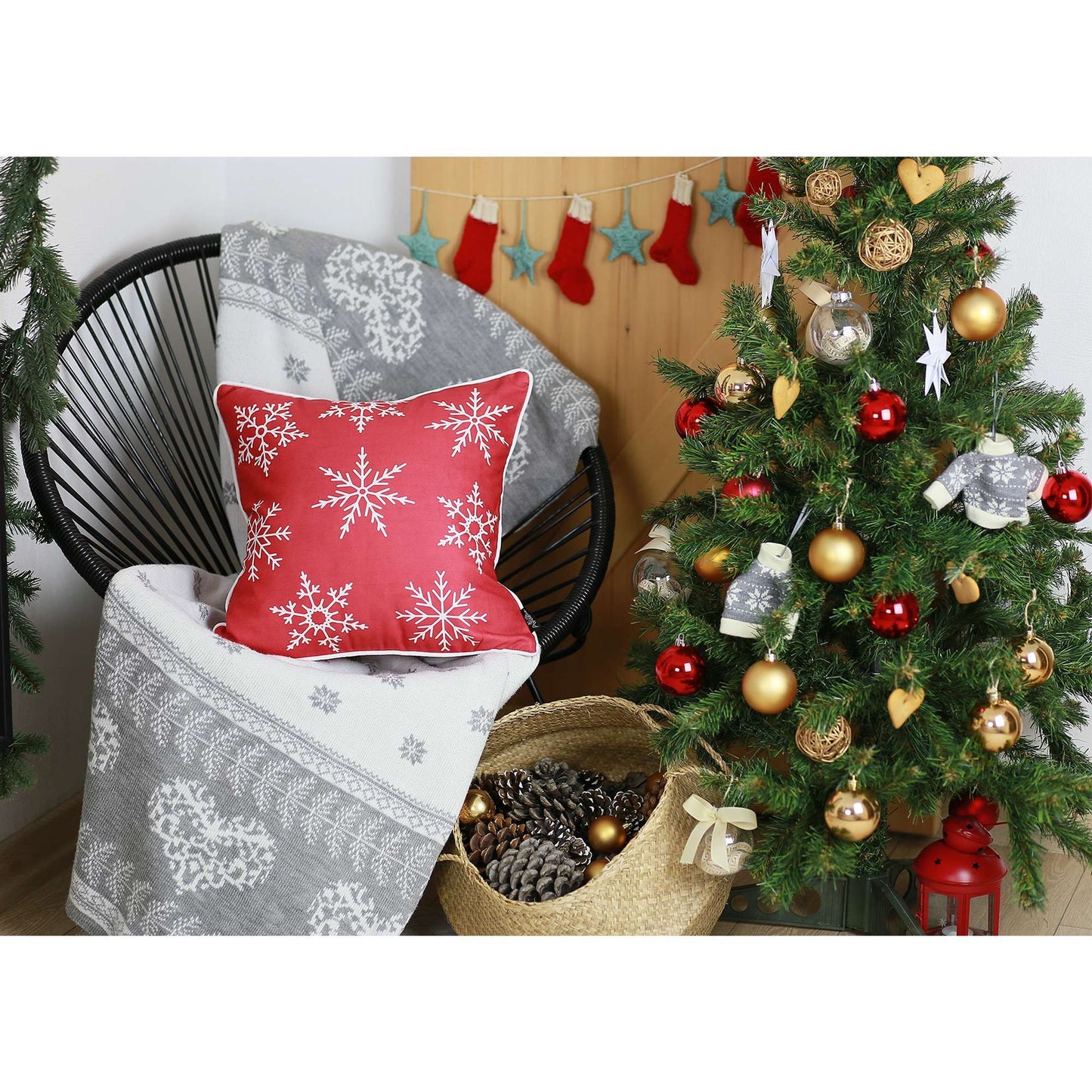 Red and White Snowflakes Throw Pillow