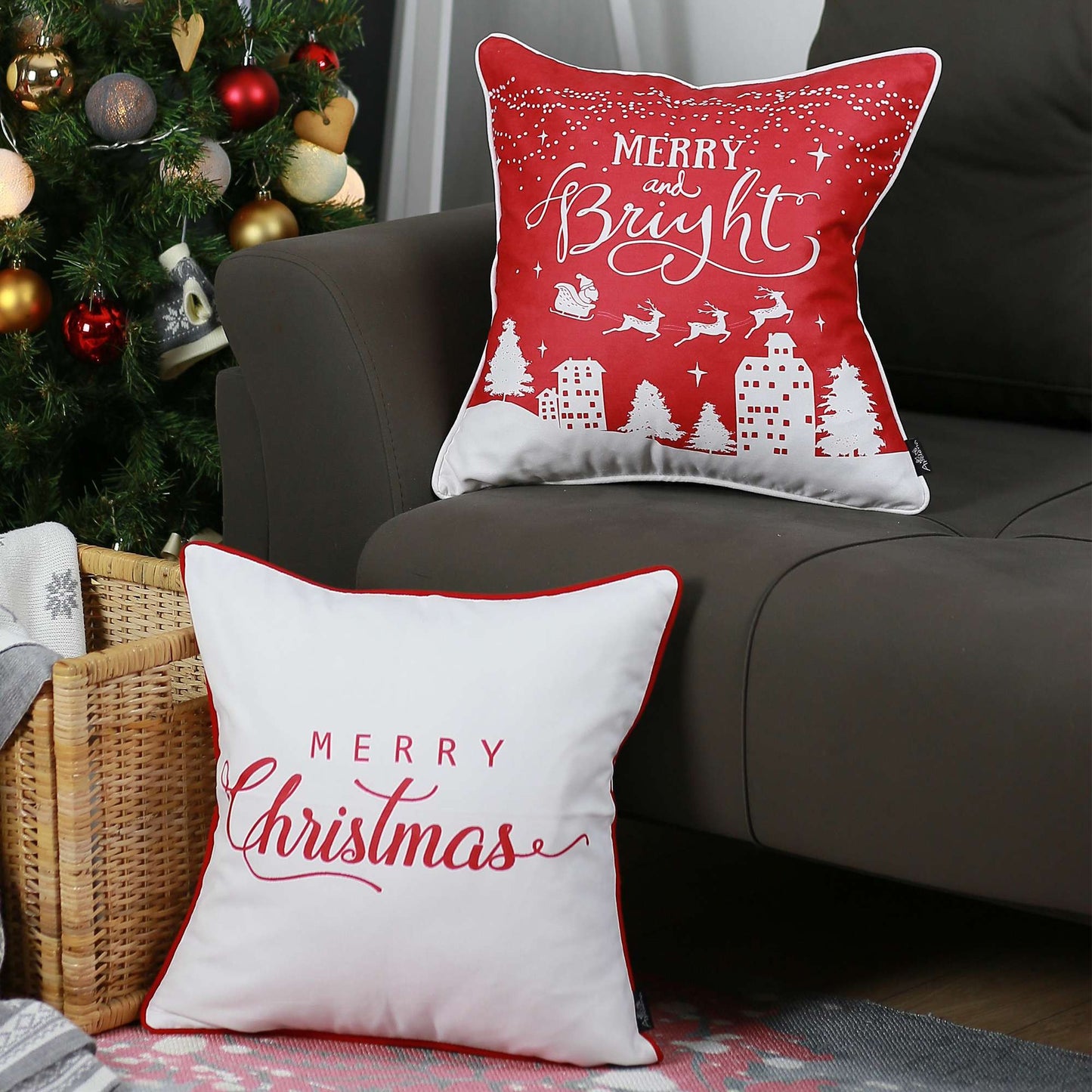 Red Christmas Lights and Reindeer Throw Pillow