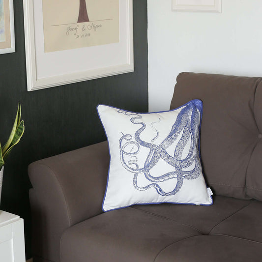 Blue and White Octopus Nautical Throw Pillow