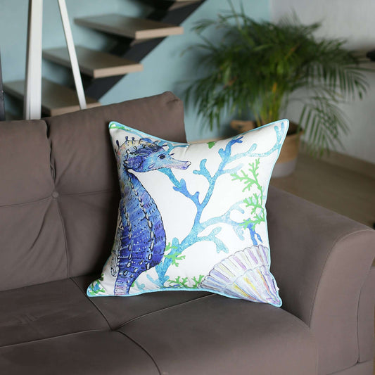 Blue and White Seahorse Marine Throw Pillow