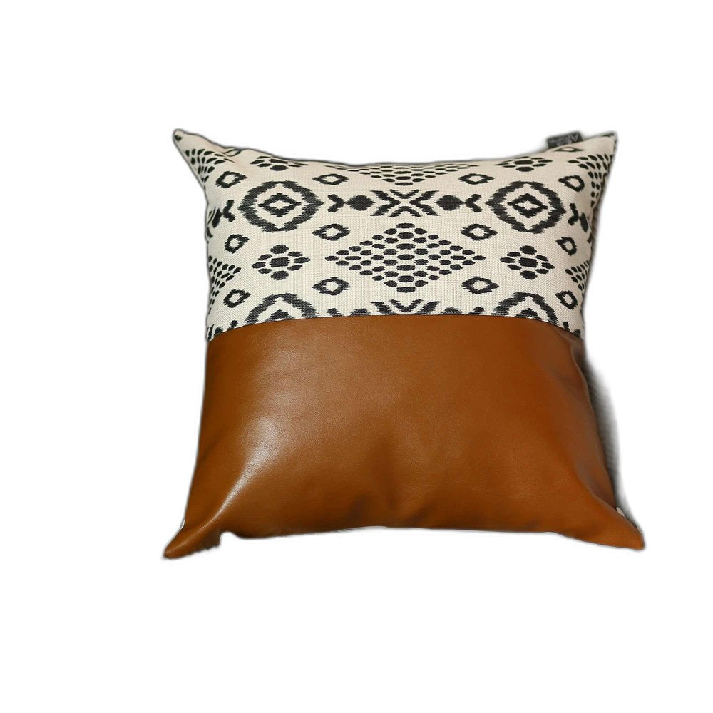 18" Brown Black And Ivory Geometric Faux Leather And Fabric Throw Pillow