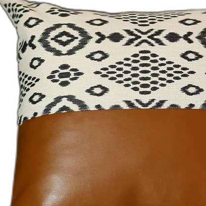 18" Brown Black And Ivory Geometric Faux Leather And Fabric Throw Pillow