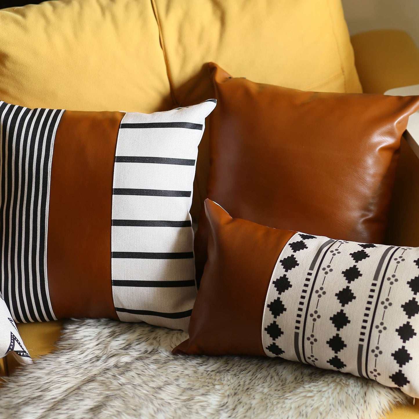 Bohemian Faux Leather and Striped Throw Pillow