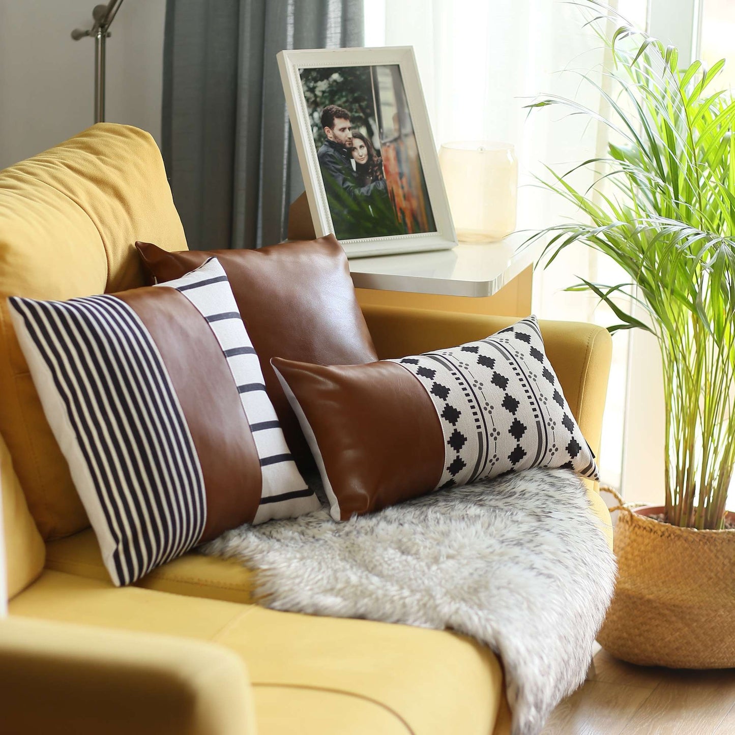 Bohemian Faux Leather and Striped Throw Pillow