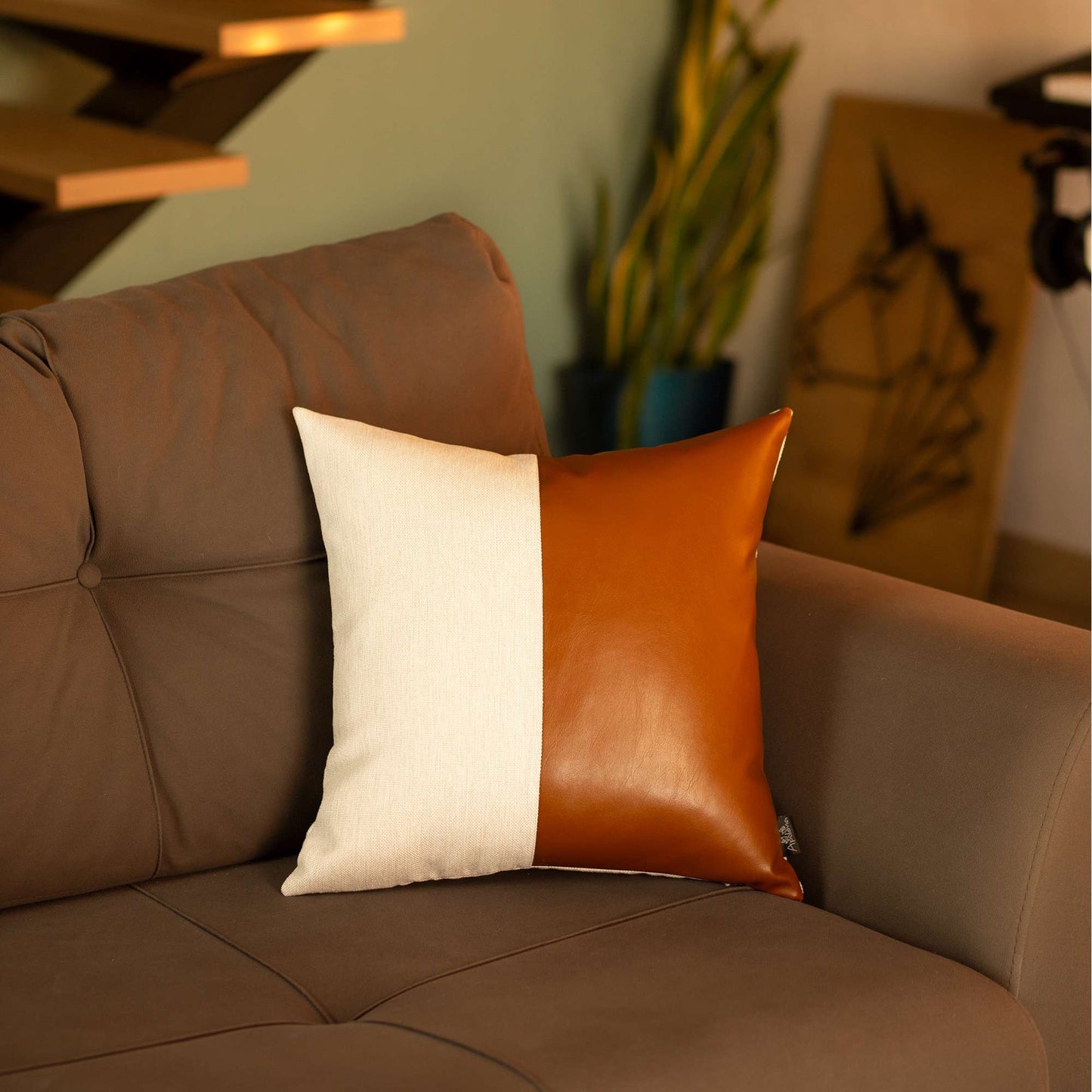 Two Toned White and Brown Faux Leather Pillow