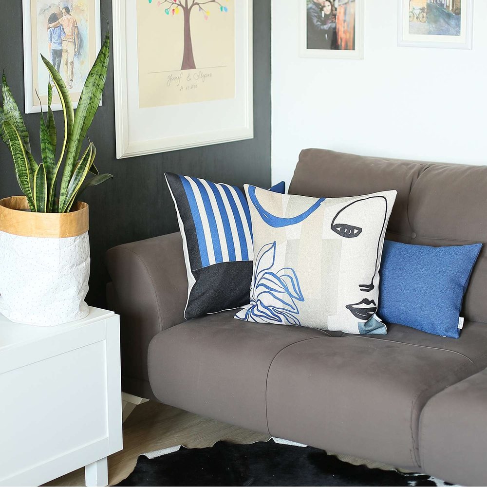 Blue and Black Printed Geometric Throw Pillow