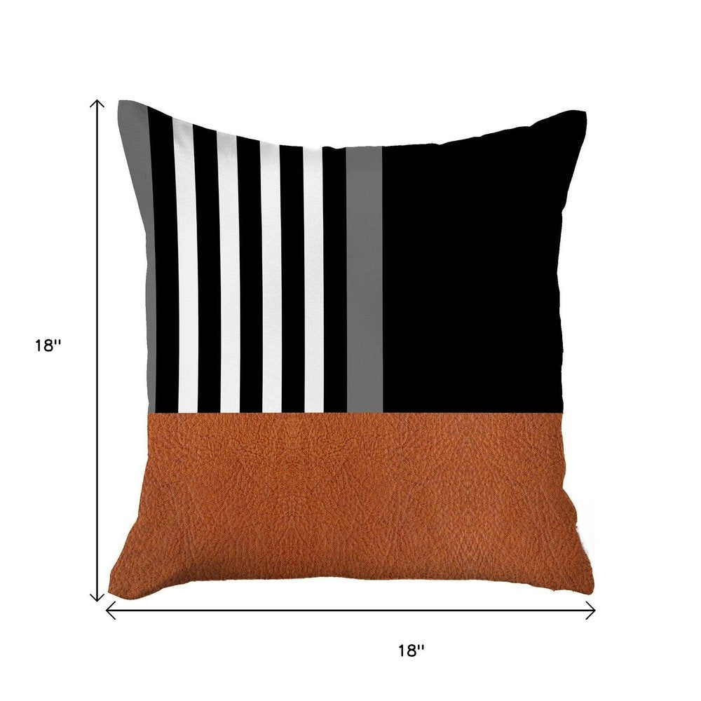 18" Brown Black And Ivory Geometric Faux Leather And Fabric Throw Pillow