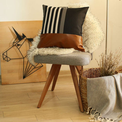 18" Brown Black And Ivory Geometric Faux Leather And Fabric Throw Pillow
