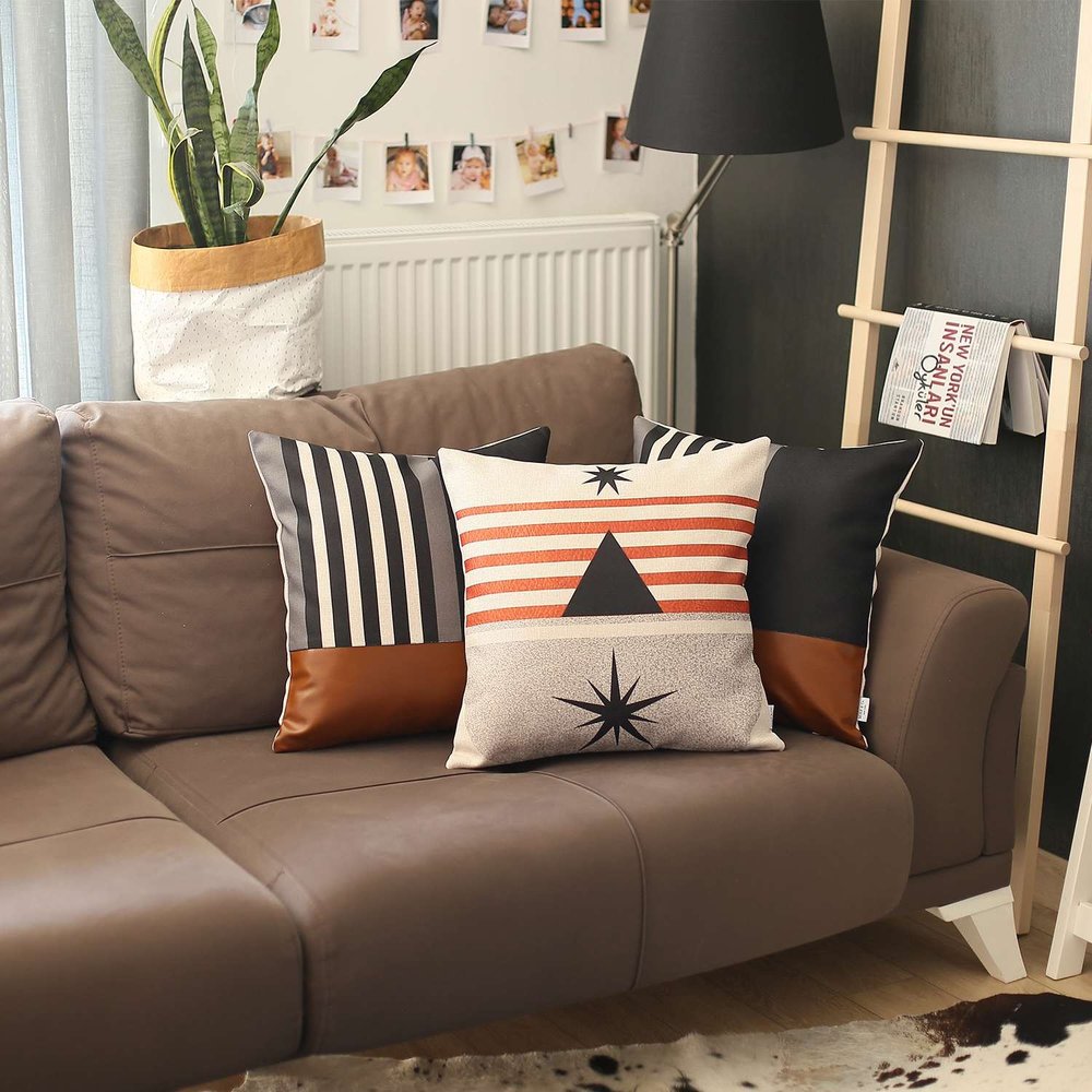 18" Brown Black And Ivory Geometric Faux Leather And Fabric Throw Pillow
