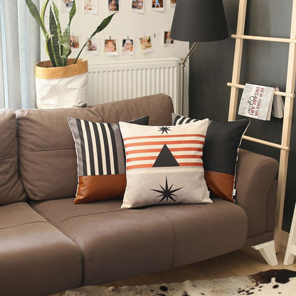 18" Brown Black And Ivory Geometric Faux Leather And Fabric Throw Pillow