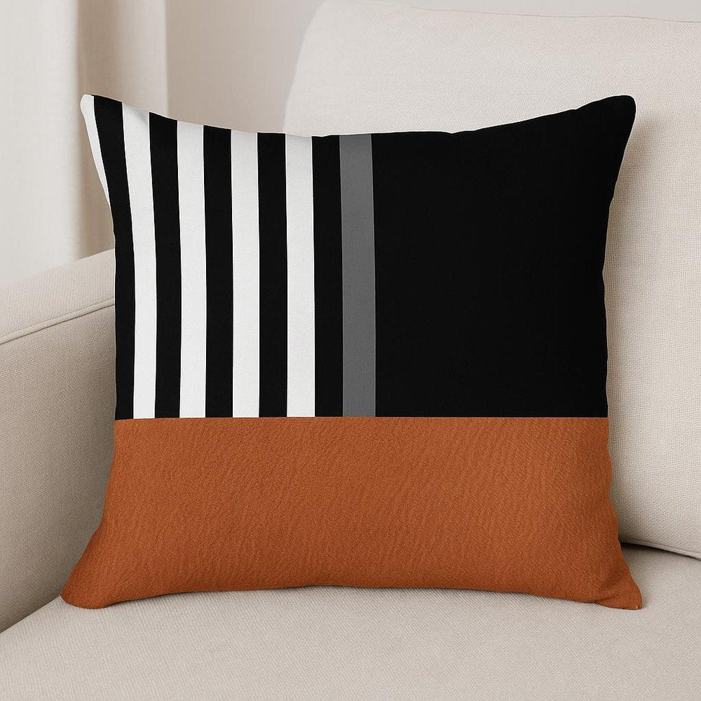 18" Brown Black And Ivory Geometric Faux Leather And Fabric Throw Pillow