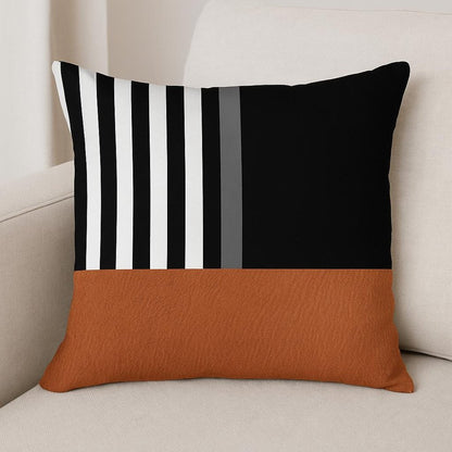 18" Brown Black And Ivory Geometric Faux Leather And Fabric Throw Pillow