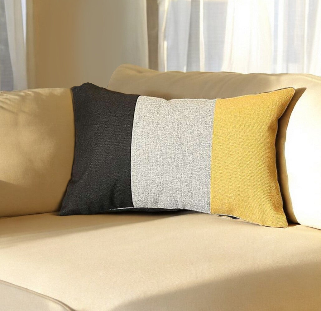 12" X 20" Gray Black and Yellow Striped Lumbar Throw Pillow