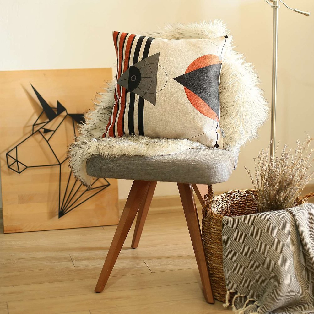 18" Gray Ivory And Orange Abstract Fabric Throw Pillow