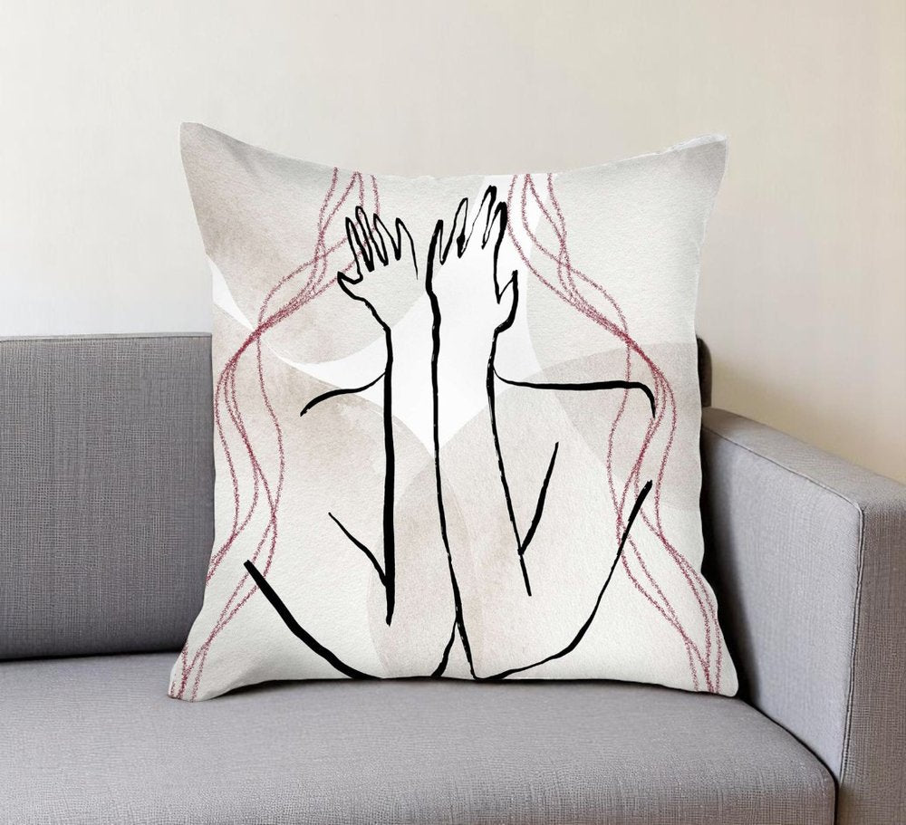 18" White And Black Abstract Hiding Face Fabric Throw Pillow