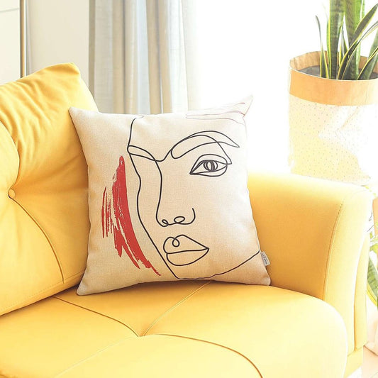 18" Ivory Black And Red Abstract Face Fabric Throw Pillow