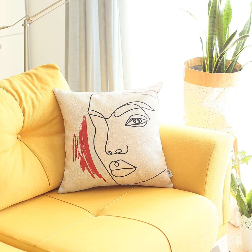 18" Ivory Black And Red Abstract Face Fabric Throw Pillow