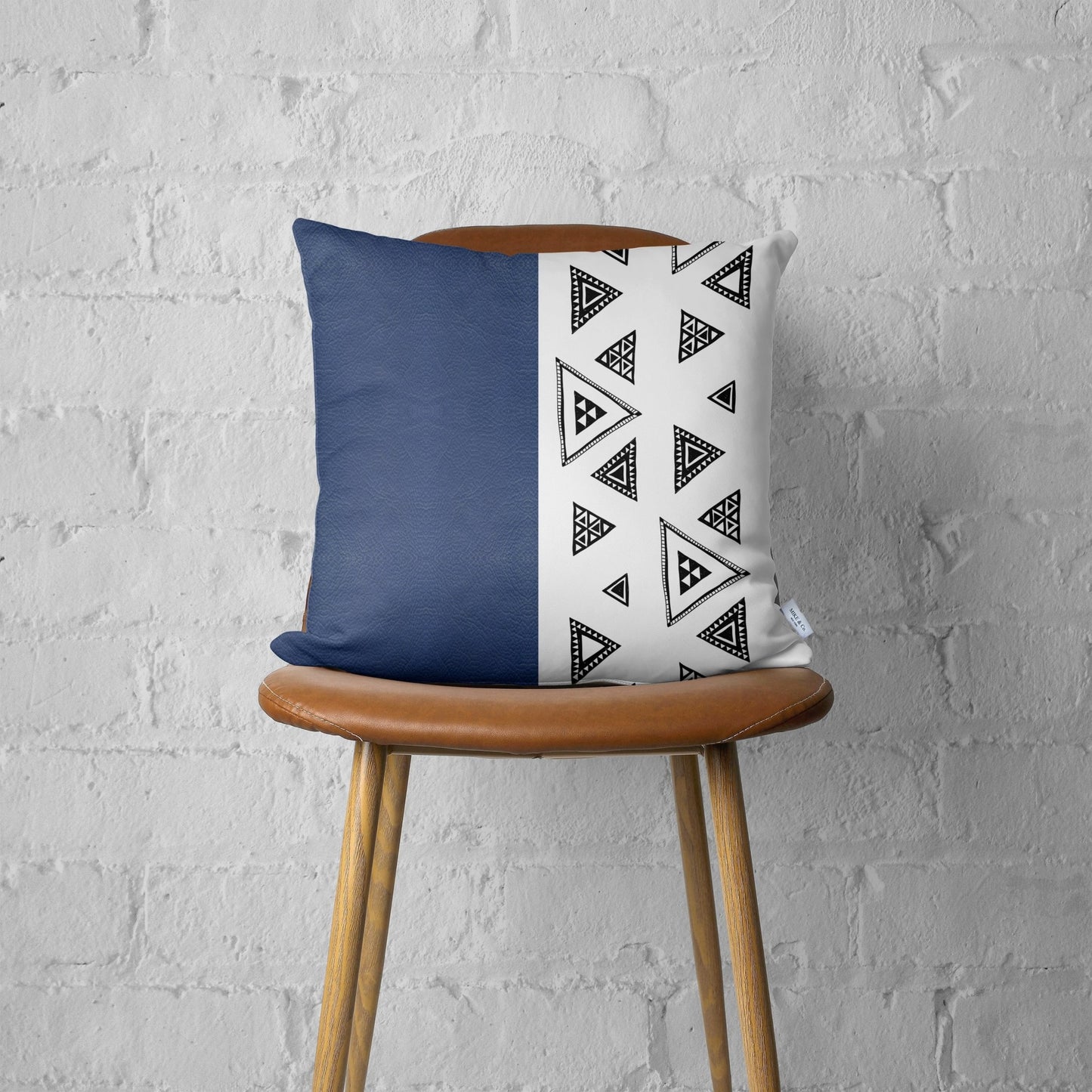 Navy Triangular Motifs Faux Leather Throw Pillow