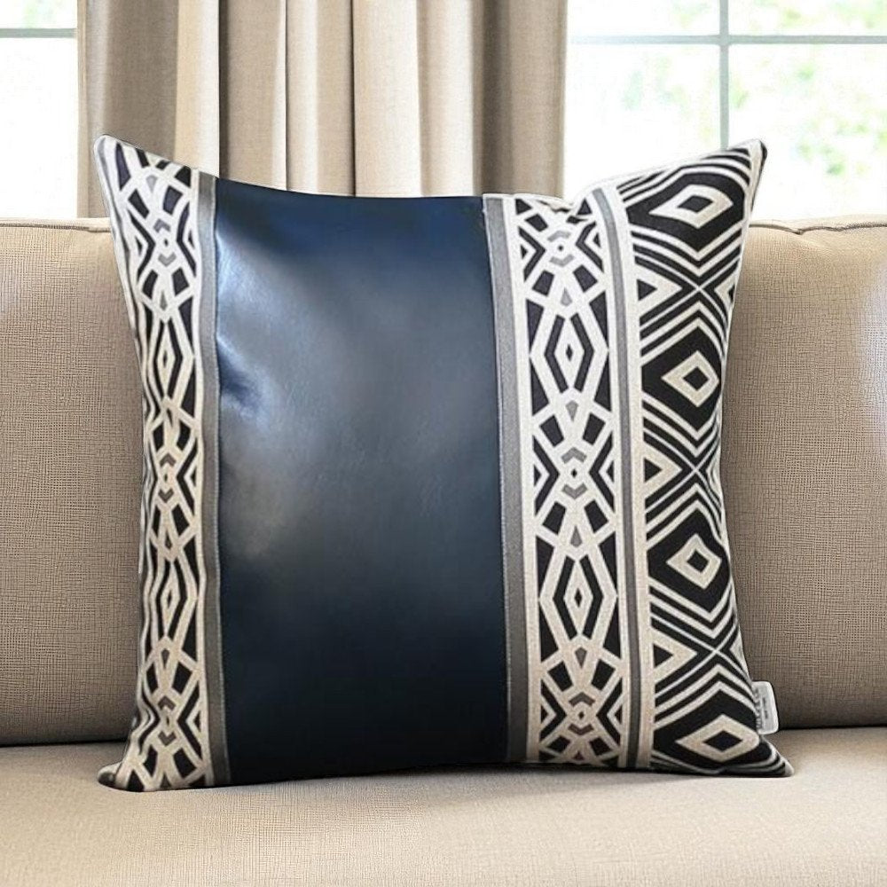 Deep Navy Faux Leather Geometric Throw Pillow