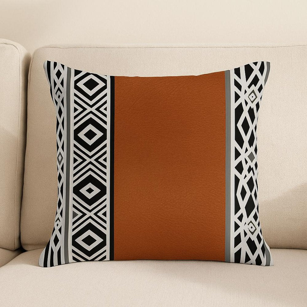 18" Brown Black And White Geometric Faux Leather And Fabric Throw Pillow