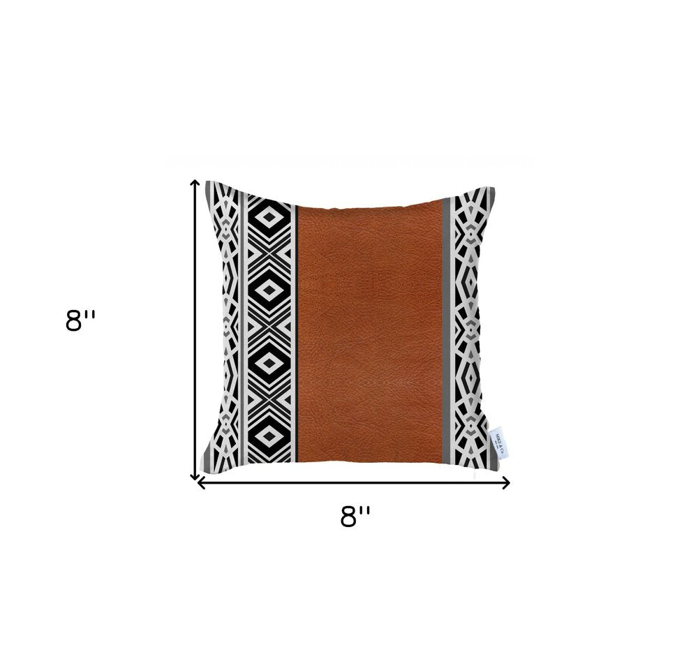 18" Brown Black And White Geometric Faux Leather And Fabric Throw Pillow