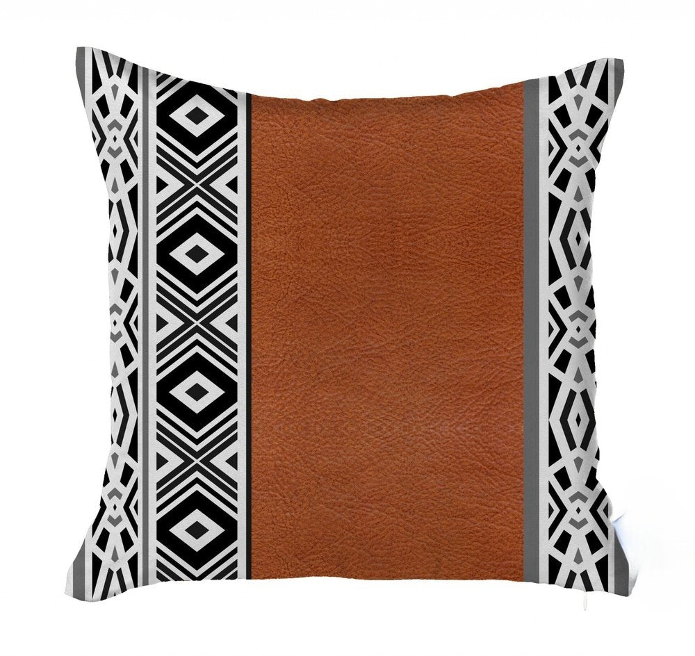 18" Brown Black And White Geometric Faux Leather And Fabric Throw Pillow