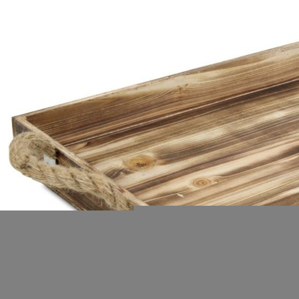 20" Brown Distressed Wood Handmade Serving Tray With Rope Handles
