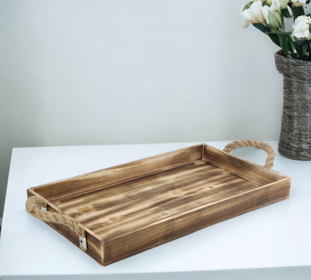 20" Brown Distressed Wood Handmade Serving Tray With Rope Handles