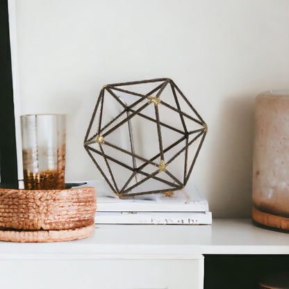 8" Brown and Gold Metal Hand Painted Geometric Orb Tabletop Sculpture