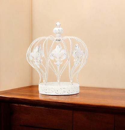 9" White Metal Hand Painted Decorative Crown Tabletop Sculpture