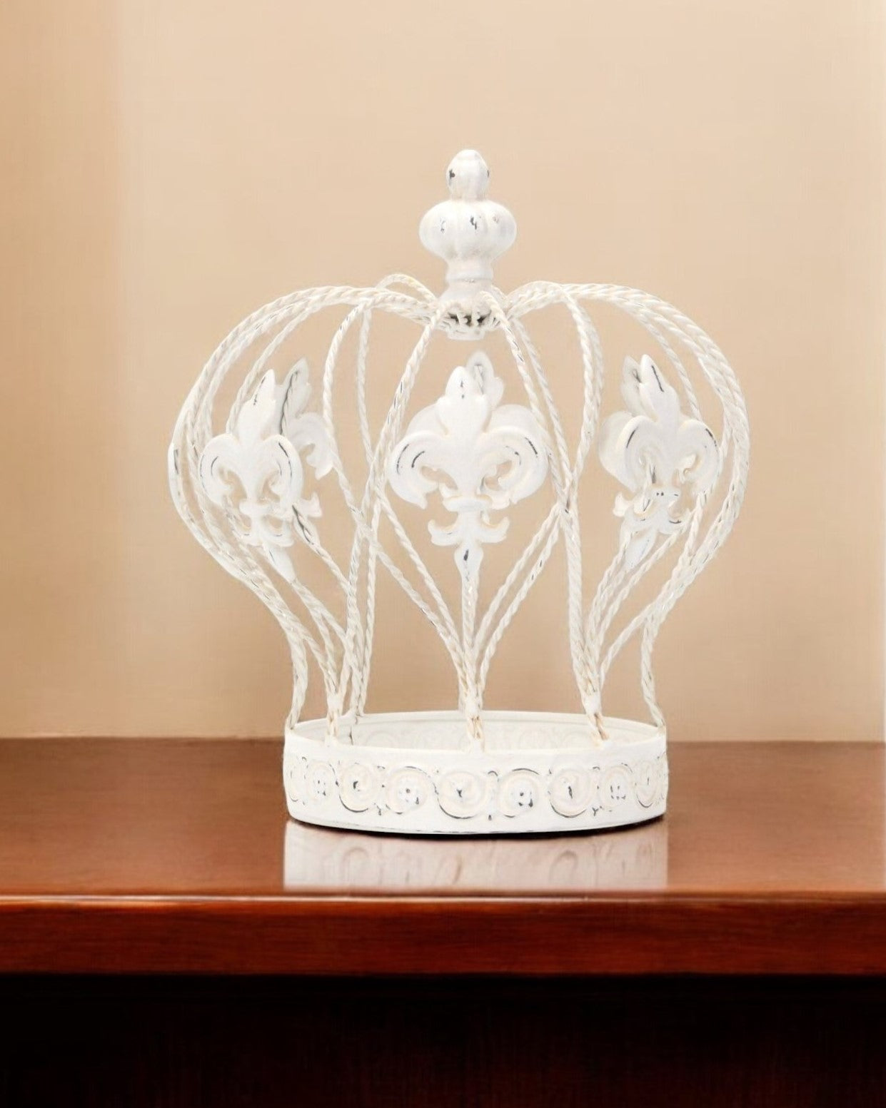 9" White Metal Hand Painted Decorative Crown Tabletop Sculpture