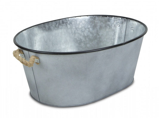 24" Silver Metal Oval Bucket with Rope Handles