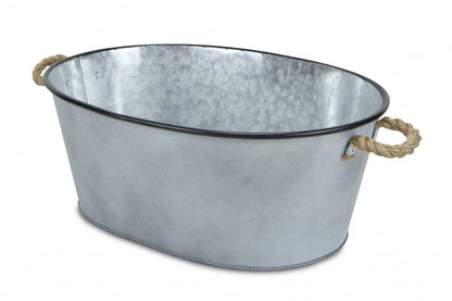 24" Silver Metal Oval Bucket with Rope Handles