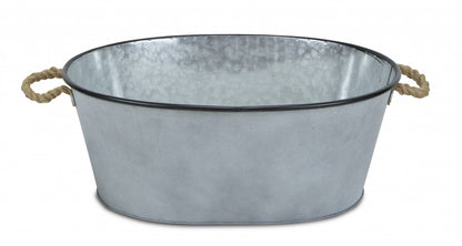 24" Silver Metal Oval Bucket with Rope Handles