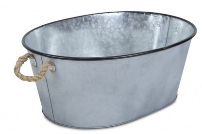 24" Silver Metal Oval Bucket with Rope Handles