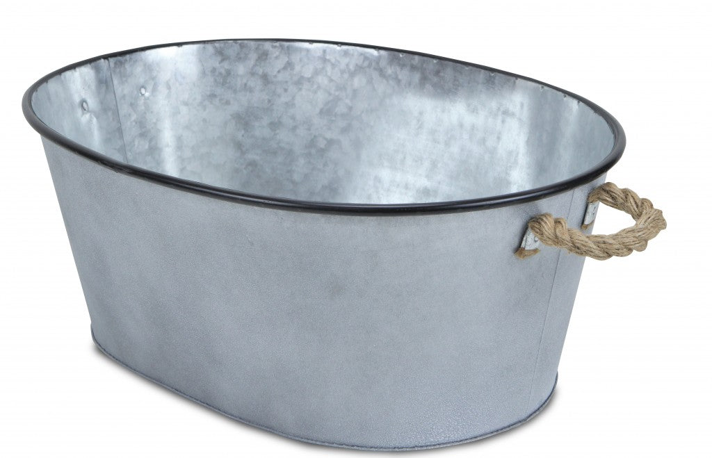 24" Silver Metal Oval Bucket with Rope Handles