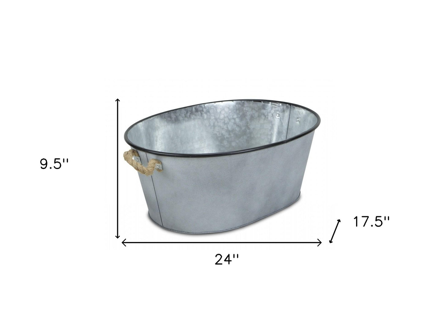 24" Silver Metal Oval Bucket with Rope Handles