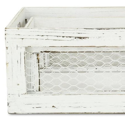 Set of Two Rustic Whitewash Chicken Wire Sides Wooden Crates